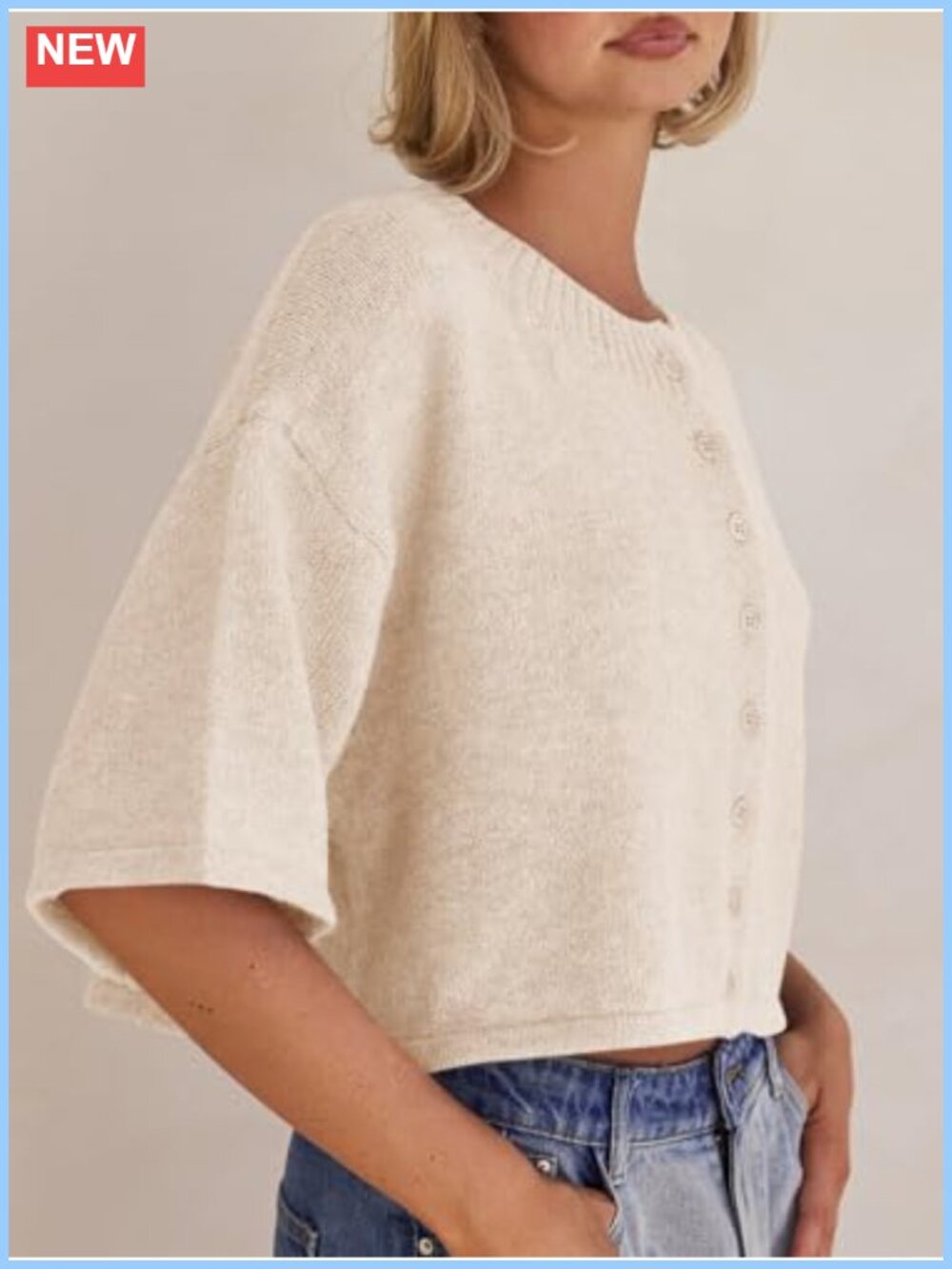 Womens 3/4 Sleeve Button Down Cropped Cardigan Knit Sweater - Picture 3 of 6